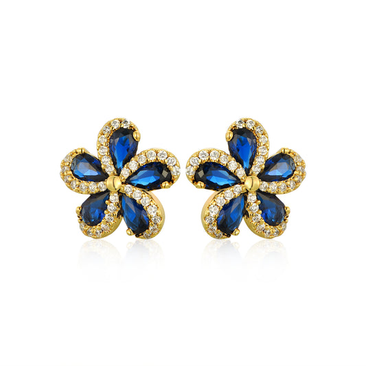 Gold Plated Surgical Steel 5 Petal Colorful CZ Flower Stud Earrings