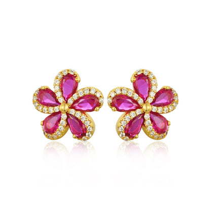 Lil' Empress Gold Plated or Rhodium Plated Surgical Steel 5 Petal Colorful CZ Flower Stud Earrings