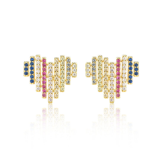 Gold-Plated Surgical Steel Multicolor Striped Heart Stud Earrings