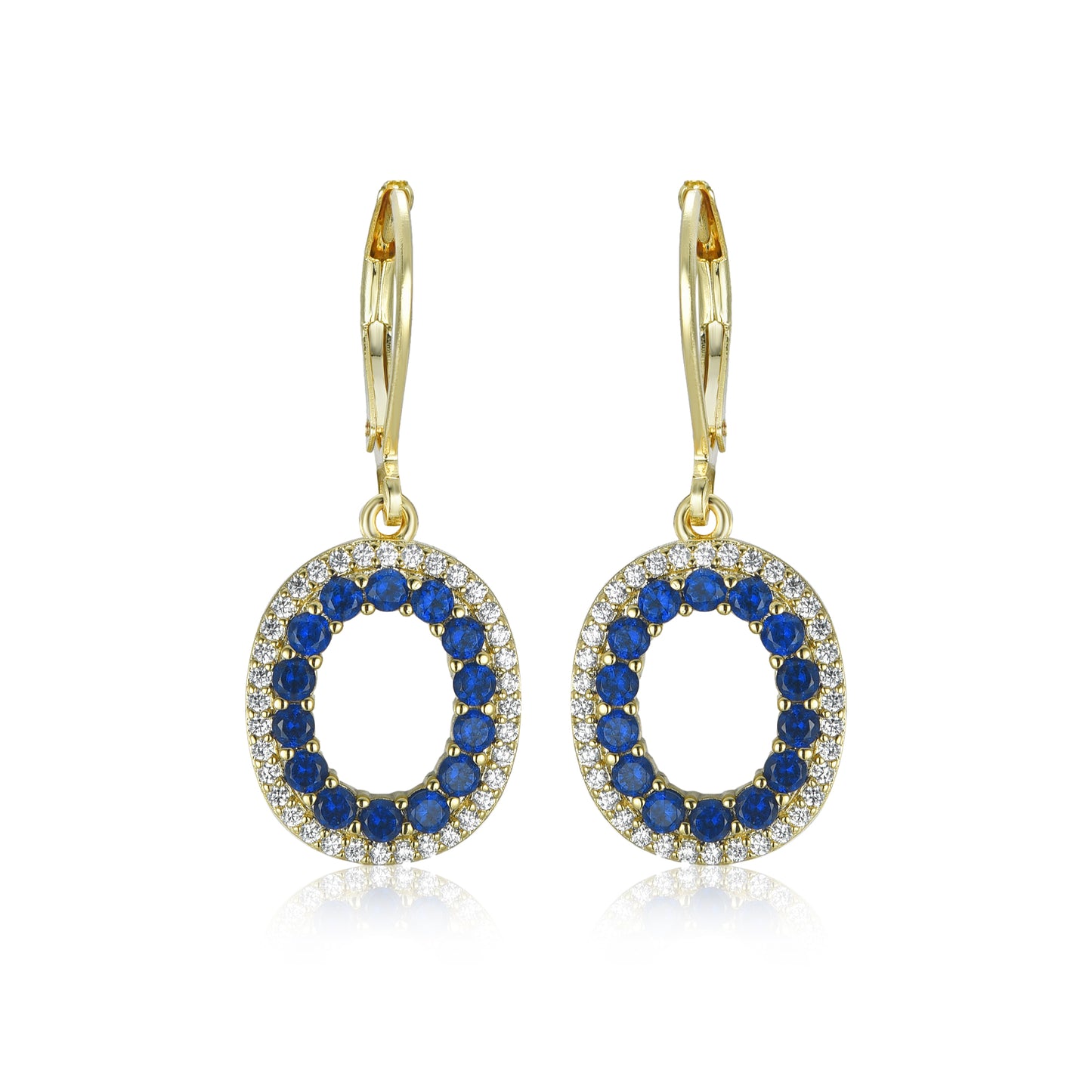 Gold-Plated Hanging Oval with Sapphire CZs on Surgical Leverback Earrings