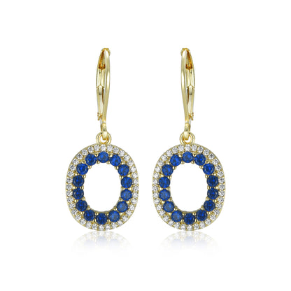 Gold-Plated Hanging Oval with Sapphire CZs on Surgical Leverback Earrings