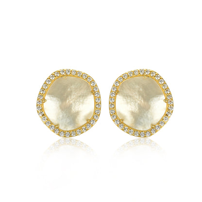 Gold-Plated Surgical Steel CZ Border With Mother of Pearl Natural Shape Stud Earrings