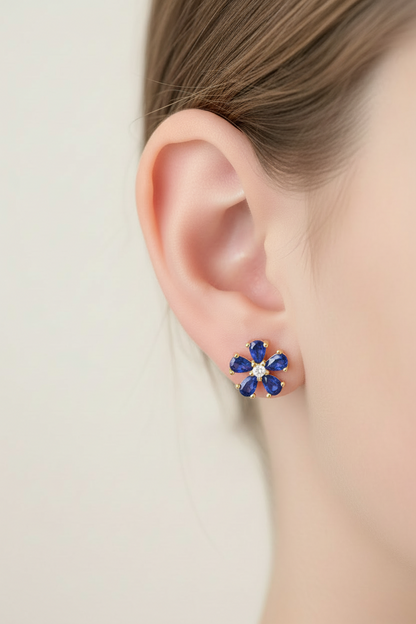 Gold Plated Surgical Steel Color CZ Flower 5 Petal Stud Earrings