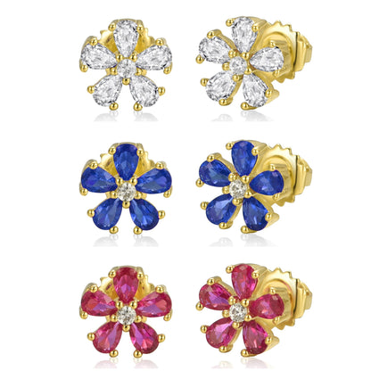 Gold Plated Surgical Steel Color CZ Flower 5 Petal Stud Earrings