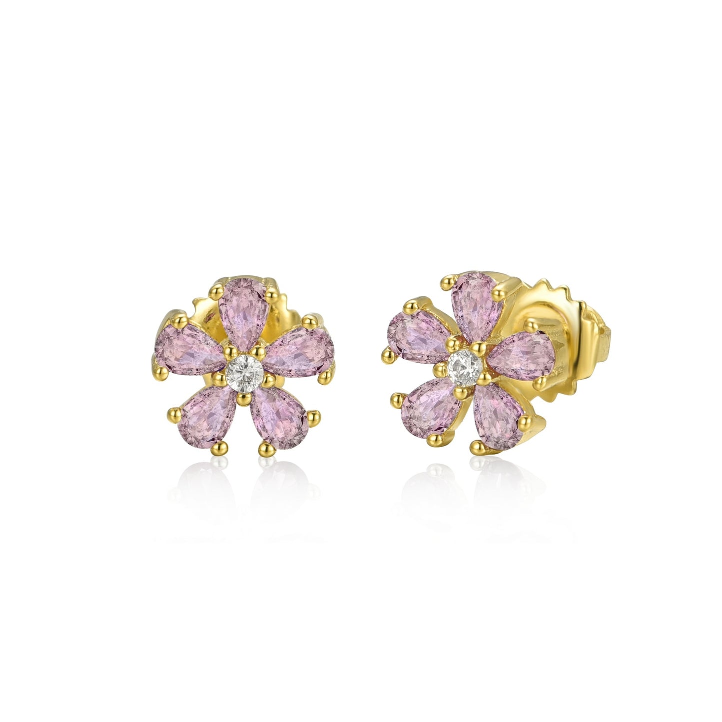 Gold Plated Surgical Steel Color CZ Flower 5 Petal Stud Earrings