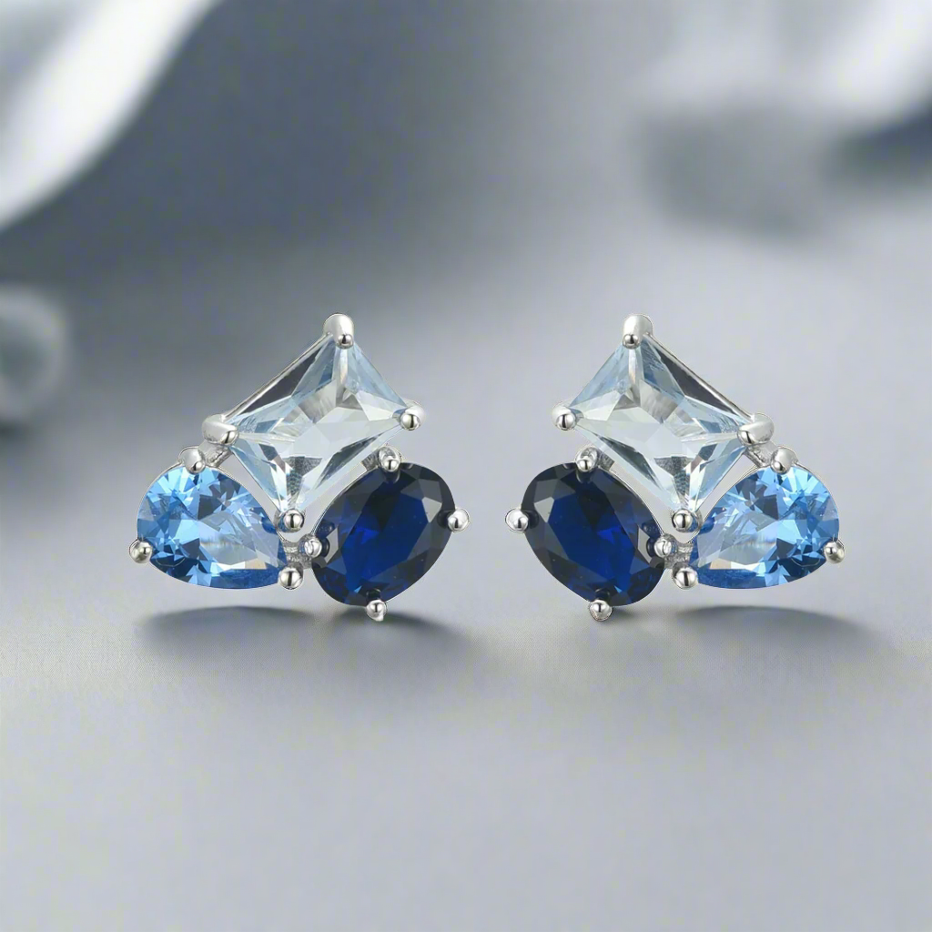 Sterling Silver Three Stone Stud Earring