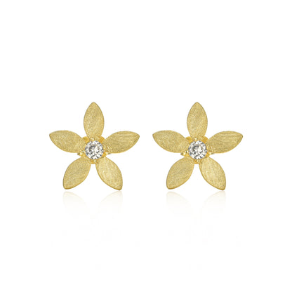 Sterling Silver Brushed Gold Plated Flower With Center CZ Stud Earring