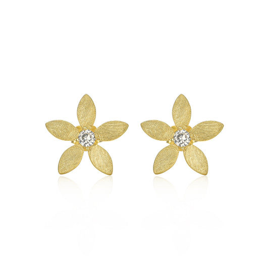 Sterling Silver Brushed Gold Plated Flower With Center CZ Stud Earring