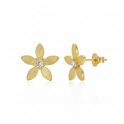 Sterling Silver Brushed Gold Plated Flower With Center CZ Stud Earring