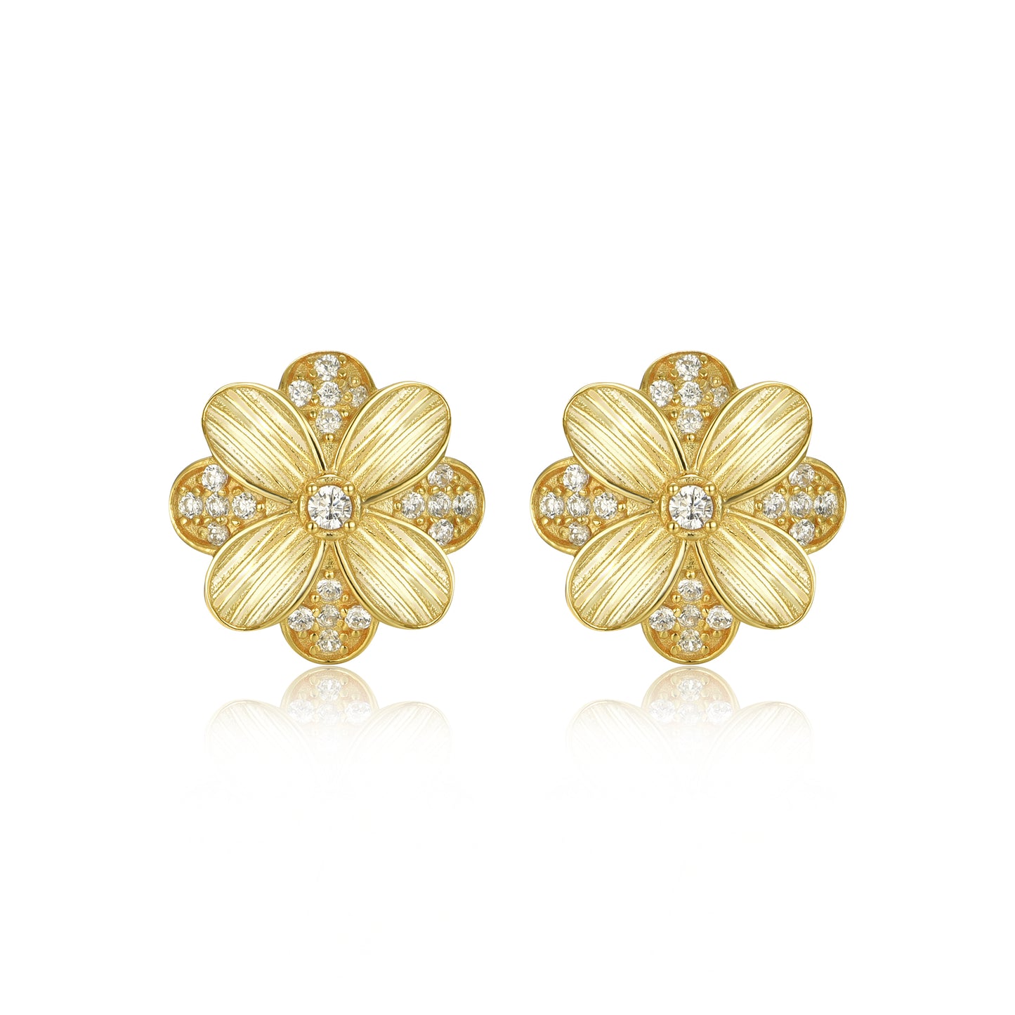 Sterling Silver Gold Plated Flower With CZ Stud Earring