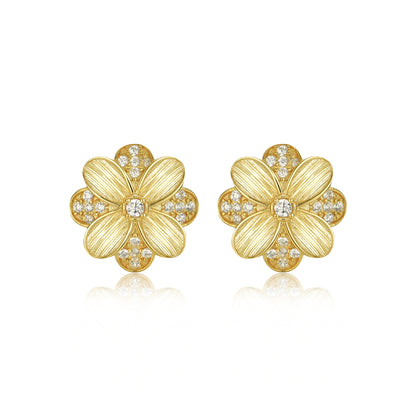 Sterling Silver Gold Plated Flower With CZ Stud Earring