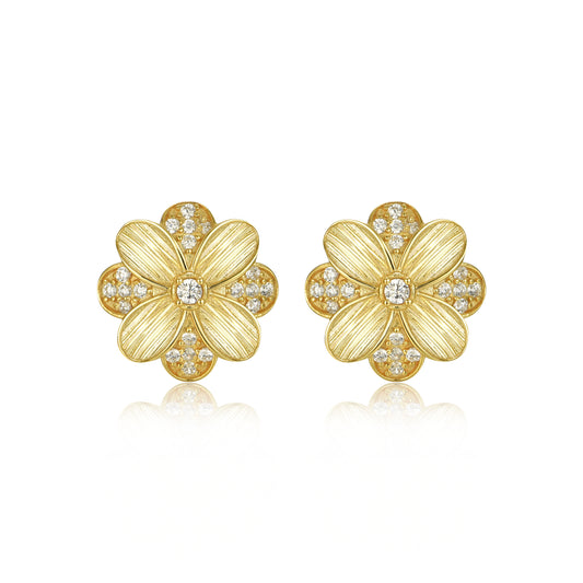 Sterling Silver Gold Plated Flower With CZ Stud Earring