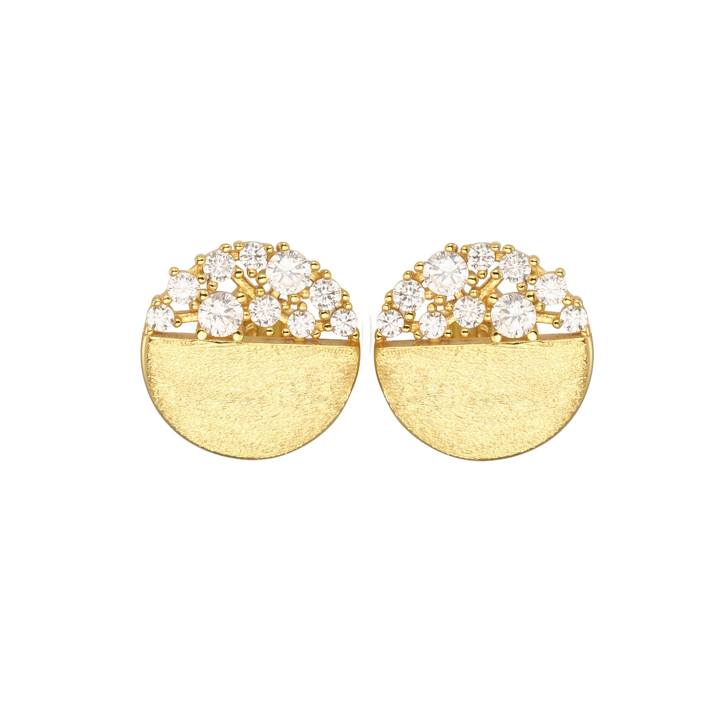 Sterling Silver Brushed Gold Plated Half CZ Stud Earrings