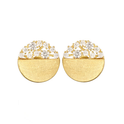 Sterling Silver Brushed Gold Plated Half CZ Stud Earrings