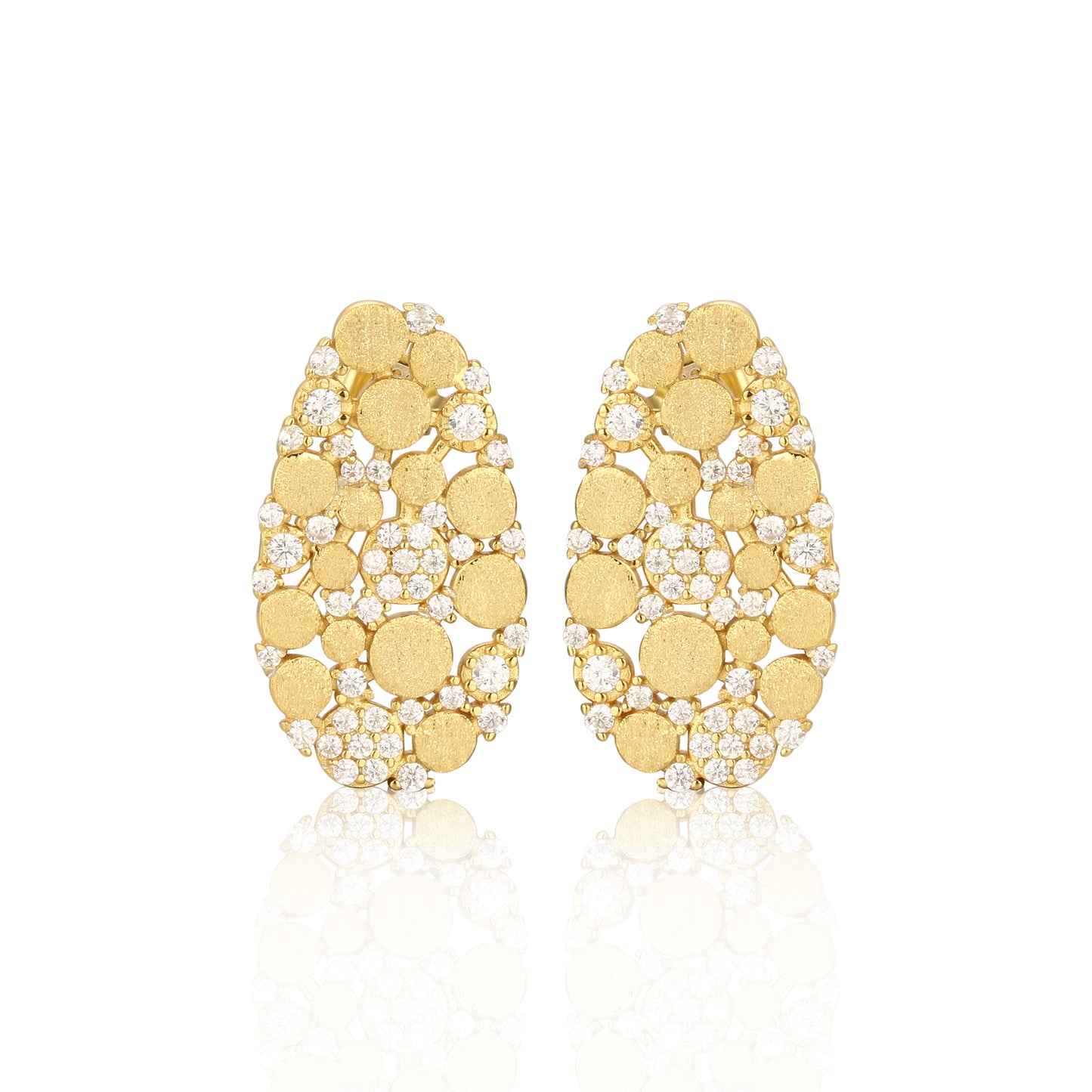 Sterling Silver Brushed Gold Plated Oval With CZ Stud Earrings