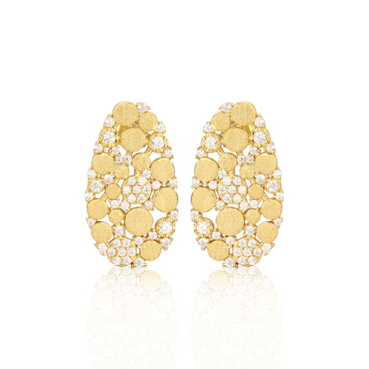 Sterling Silver Brushed Gold Plated Oval With CZ Stud Earrings