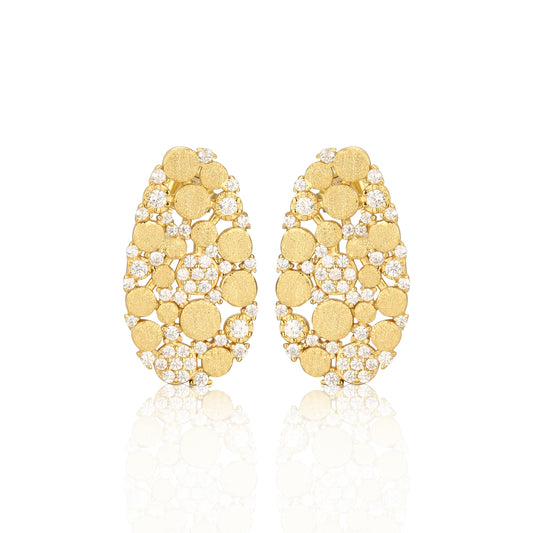 Sterling Silver Brushed Gold Plated Oval With CZ Stud Earrings