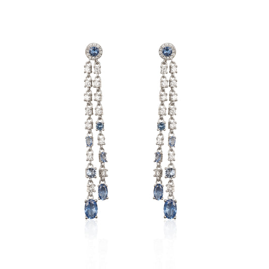 Sterling Silver Double Strand Light Blue and Clear CZ Earrings