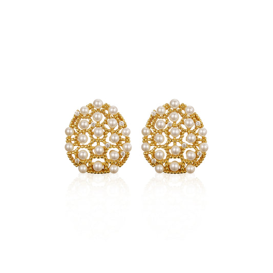 Sterling Silver Gold Plated With Small Pearls and CZs Stud Earring