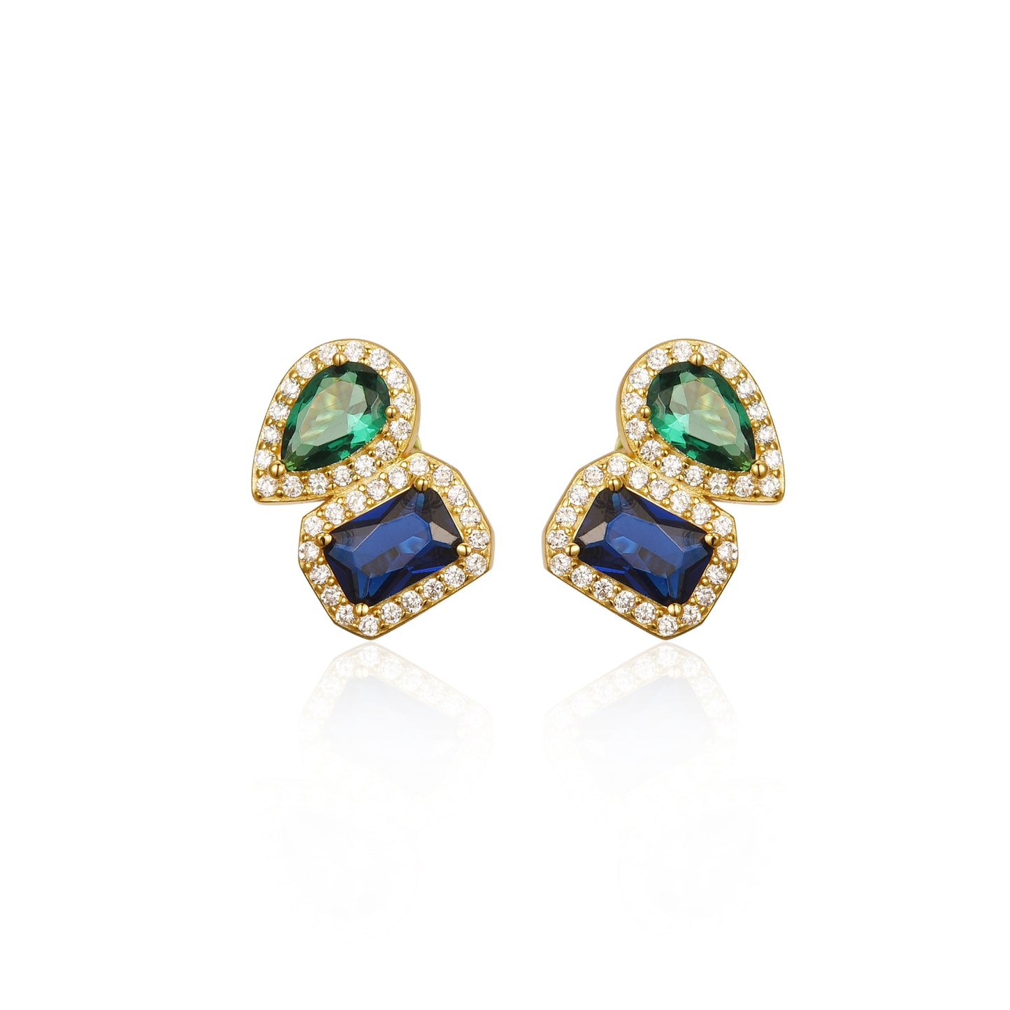 Sterling Silver Gold Plated Emerald and Sapphire CZ Shape Stud Earring