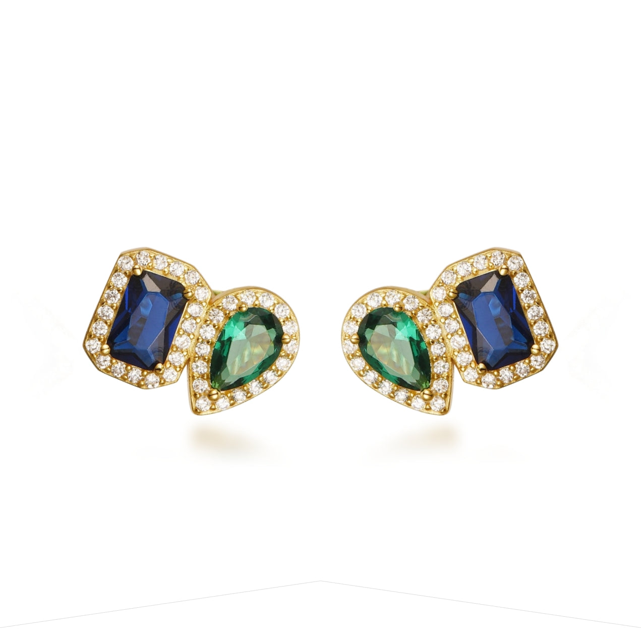 Sterling Silver Gold Plated Emerald and Sapphire CZ Shape Stud Earring