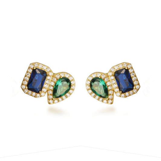 Sterling Silver Gold Plated Emerald and Sapphire CZ Shape Stud Earring