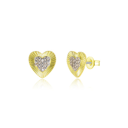Gold Plated Titanium Post Heart With Micropave Center CZ's Stud Earrings