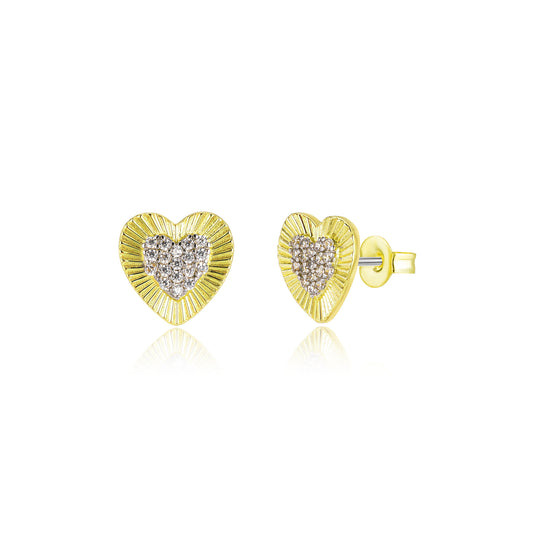 Gold Plated Titanium Post Heart With Micropave CZ Center Stud Earrings