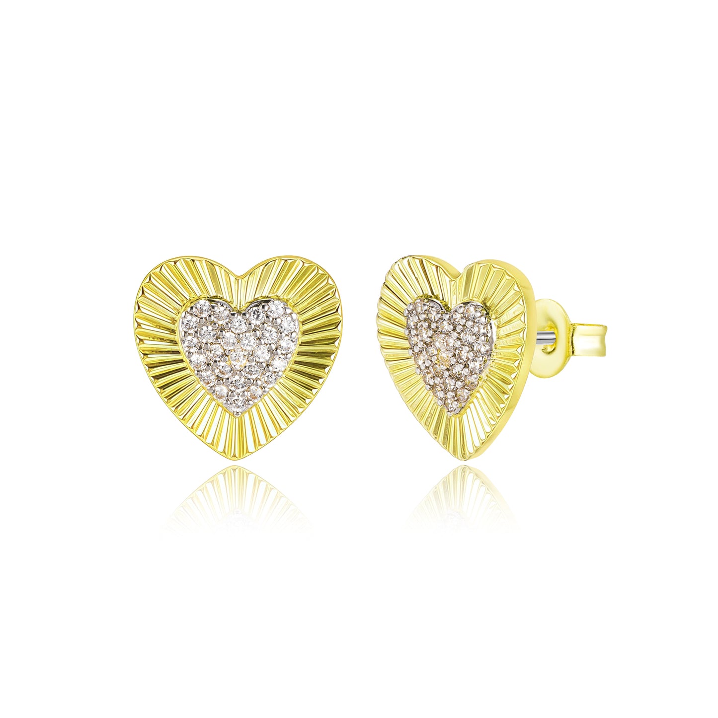 Gold Plated Titanium Post Heart With Micropave Center CZ's Stud Earrings