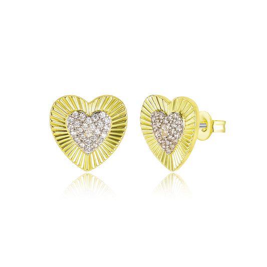 Gold Plated Titanium Post Heart With Micropave CZ Center Stud Earrings
