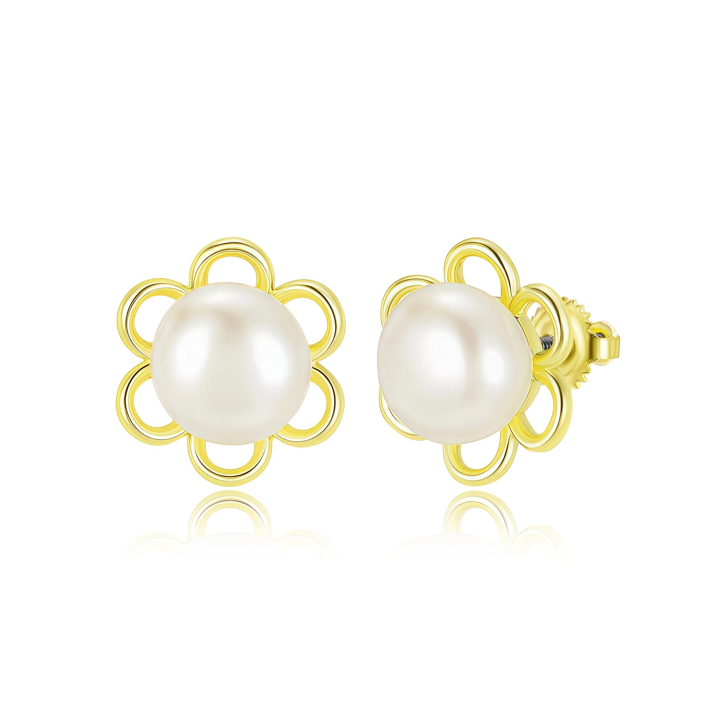 Gold Plated Titanium Post Flower With 10mm Pearl Stud Earrings