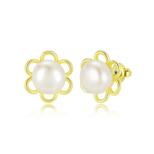 Gold Plated Titanium Post Flower With 10mm Pearl Stud Earrings