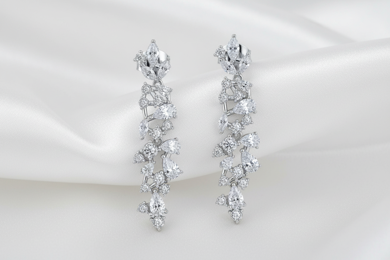 Rhodium Plated Sterling Silver Cascading Fancy Shape CZ Earrings - 1.5 Inches