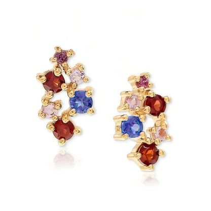 Sterling Silver Gold Plated Multicolor CZ Cluster Stud Earring