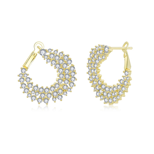 Sterling Silver 3 Row Sprinkled CZ C Shaped Side Hoop Earrings