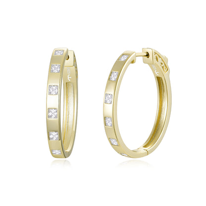 Sterling Silver 1.25" Oval Inlaid Princess Cut CZ Hoop Earrings