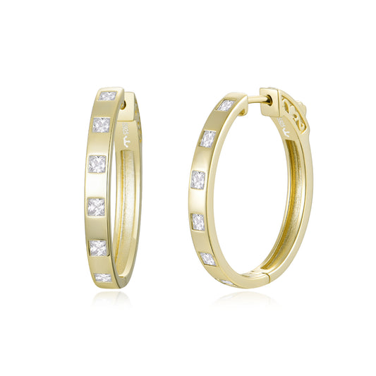 Sterling Silver 1.25" Oval Inlaid Princess Cut CZ Hoop Earrings