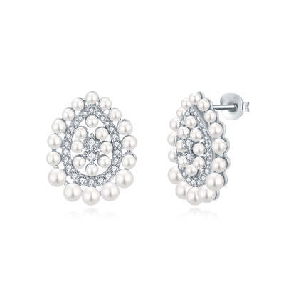 Sterling Silver Pear Shaped stones Pearl And CZ Stud earrings Earrings