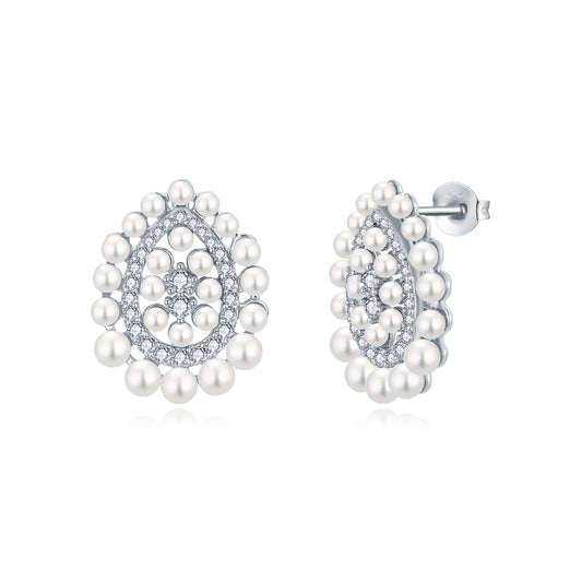 Sterling Silver Pear Shaped Pearl And CZ  Stud Earrings