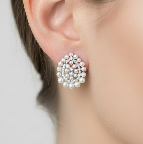 Sterling Silver Pear Shaped stones Pearl And CZ Stud earrings Earrings