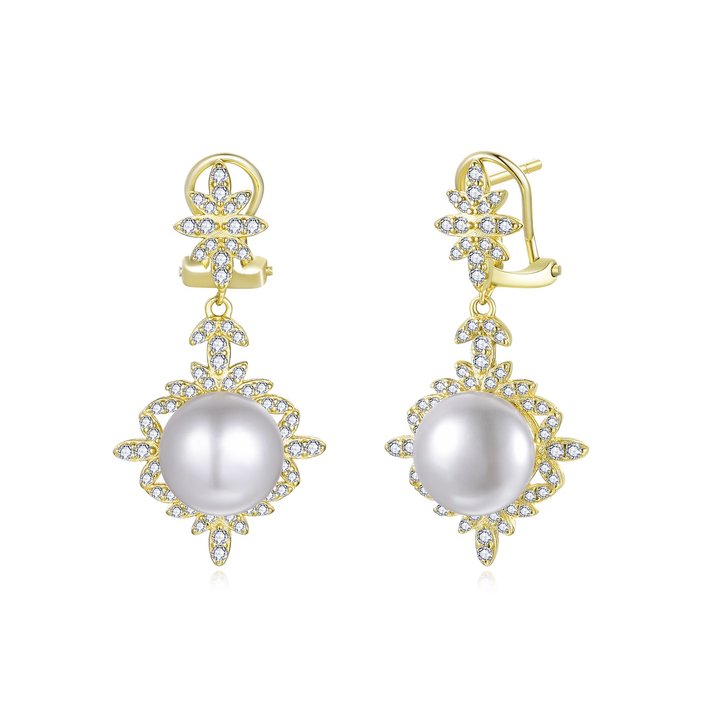 Gold-Plated Sterling Silver Fancy Pearl Drop Earrings with CZ Accents