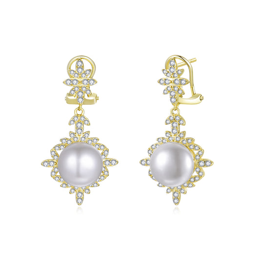 Gold-Plated Sterling Silver Fancy Pearl Drop Earrings with CZ Accents