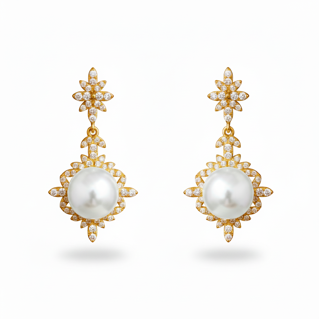 Gold-Plated Sterling Silver Fancy Pearl Drop Earrings with CZ Accents