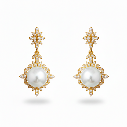 Gold-Plated Sterling Silver Fancy Pearl Drop Earrings with CZ Accents