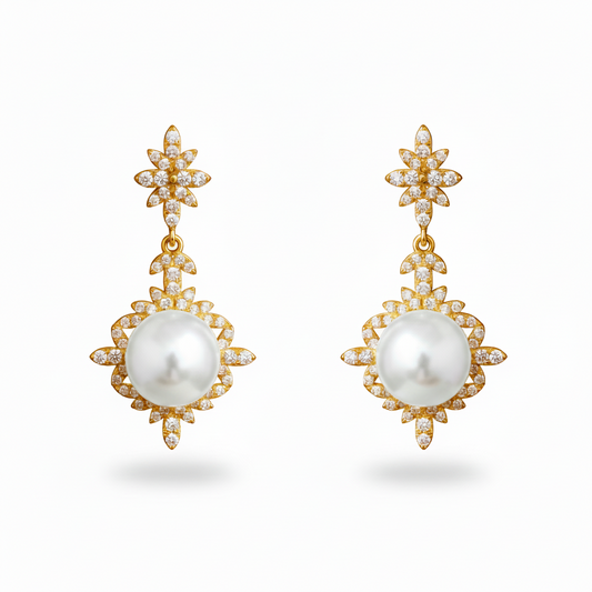 Gold-Plated Sterling Silver Fancy Pearl Drop Earrings with CZ Accents