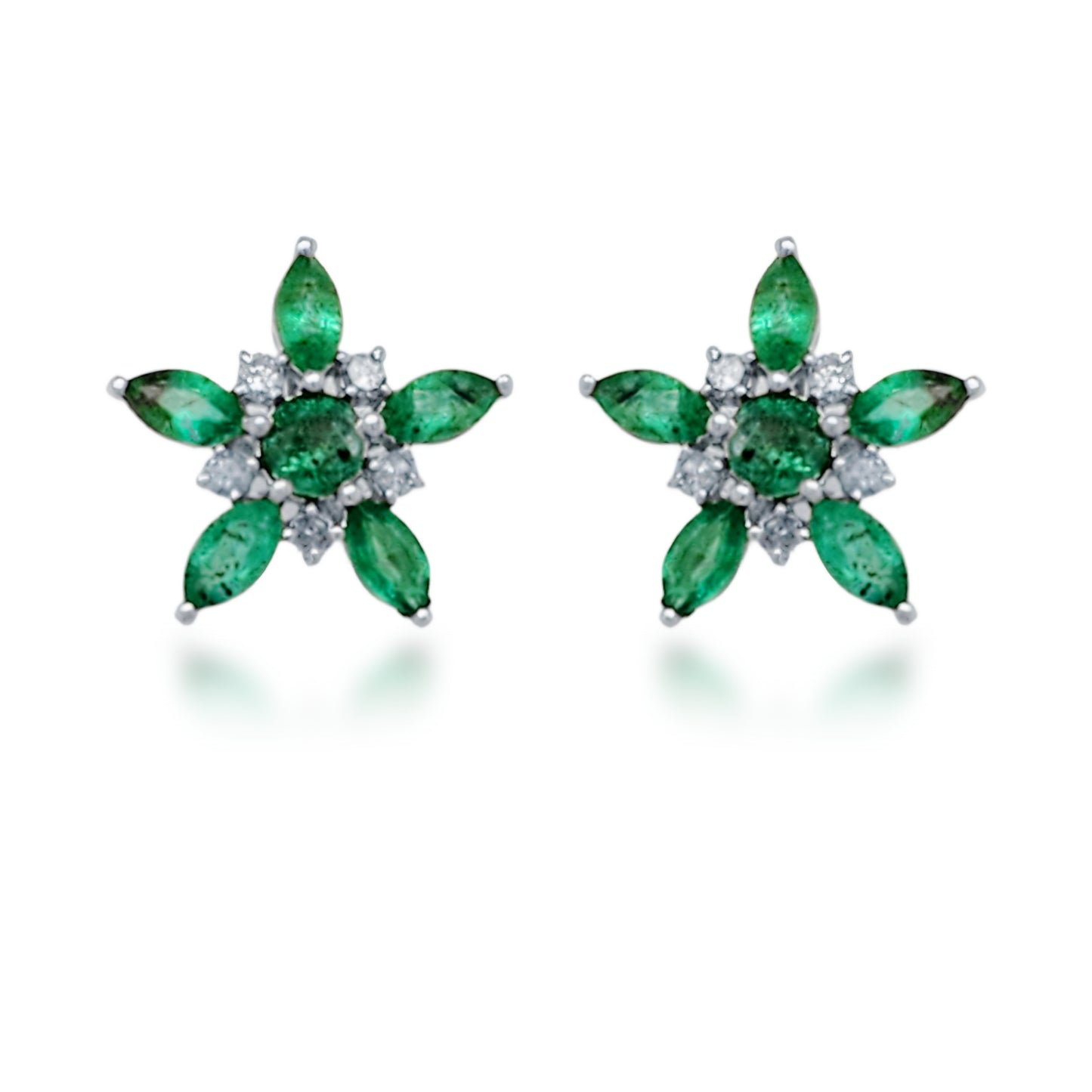 10K Gold Diamond and Emerald Flower Stud Earrings