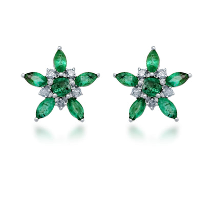 10K Gold Diamond and Emerald Flower Stud Earrings