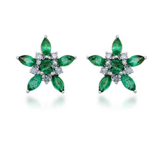 10K Gold Diamond and Emerald Flower Stud Earrings