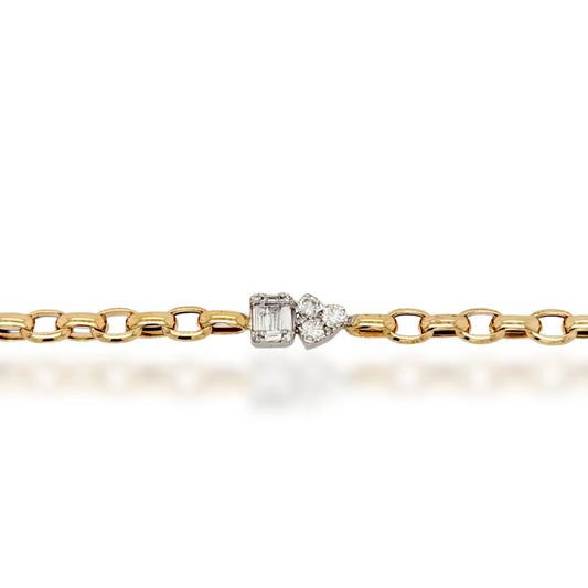 14K Gold Link With Center Diamond Heart and Emerald Bracelet