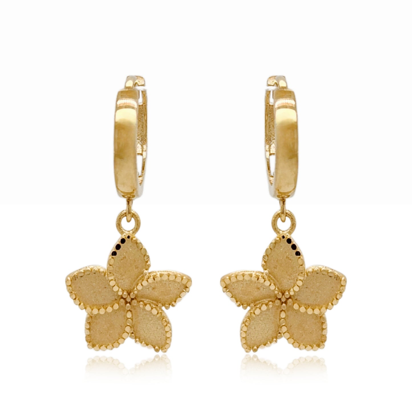 14k Gold Diamond Cut Flower on Hoop Earring